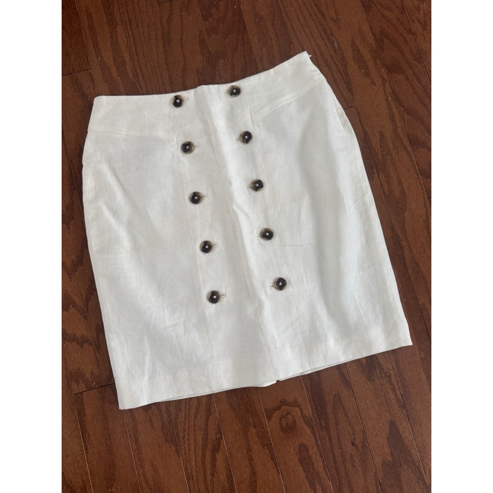 Anne Klein Women's Linen Blend Skirt Size 10P Ivory Button Front Classic